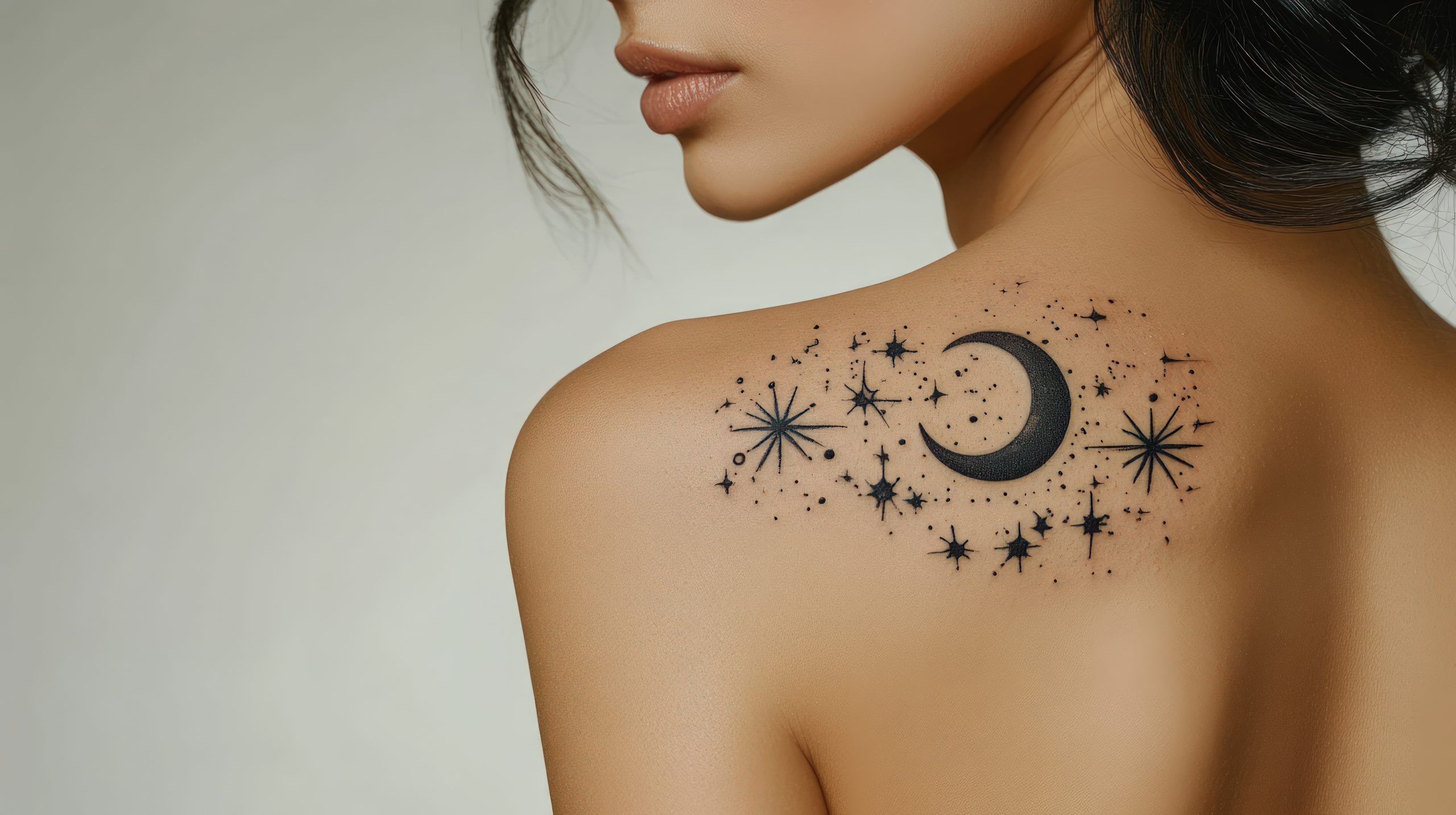 Close-up of a woman's shoulder with a celestial tattoo
